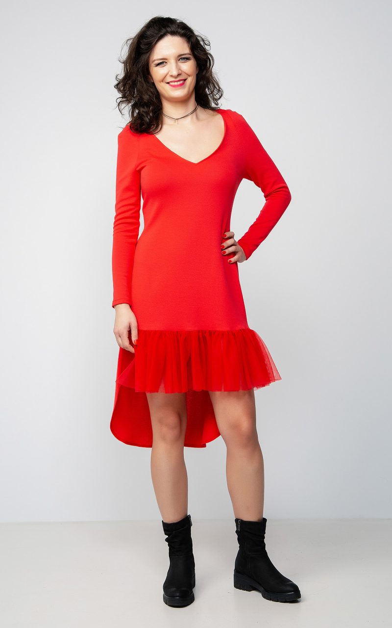 Rochie din țesătură de tricot cu mâneci și volan din tull